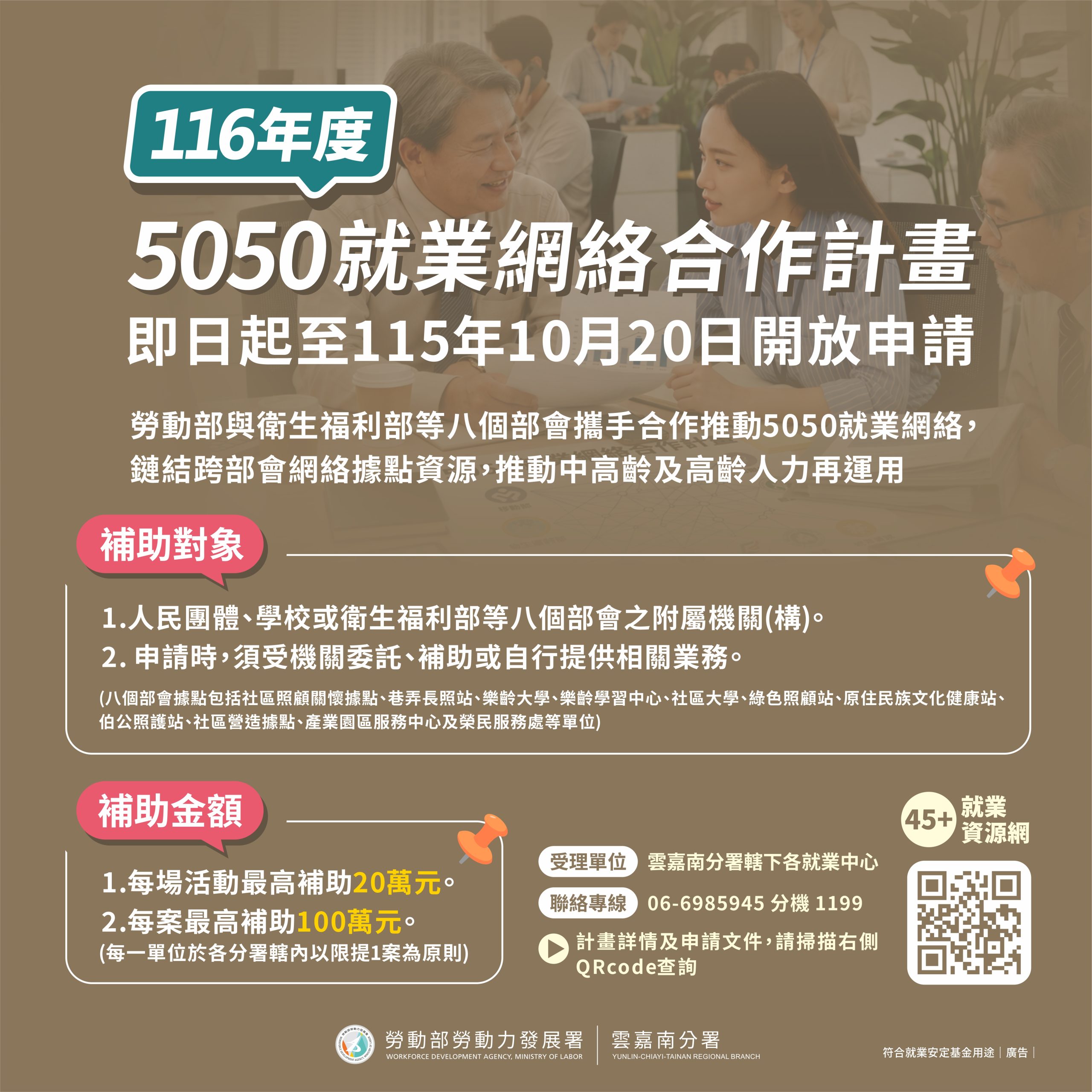 打造熟齡就業支持網絡 116年度「5050就業網絡合作計畫」今日起開放申請