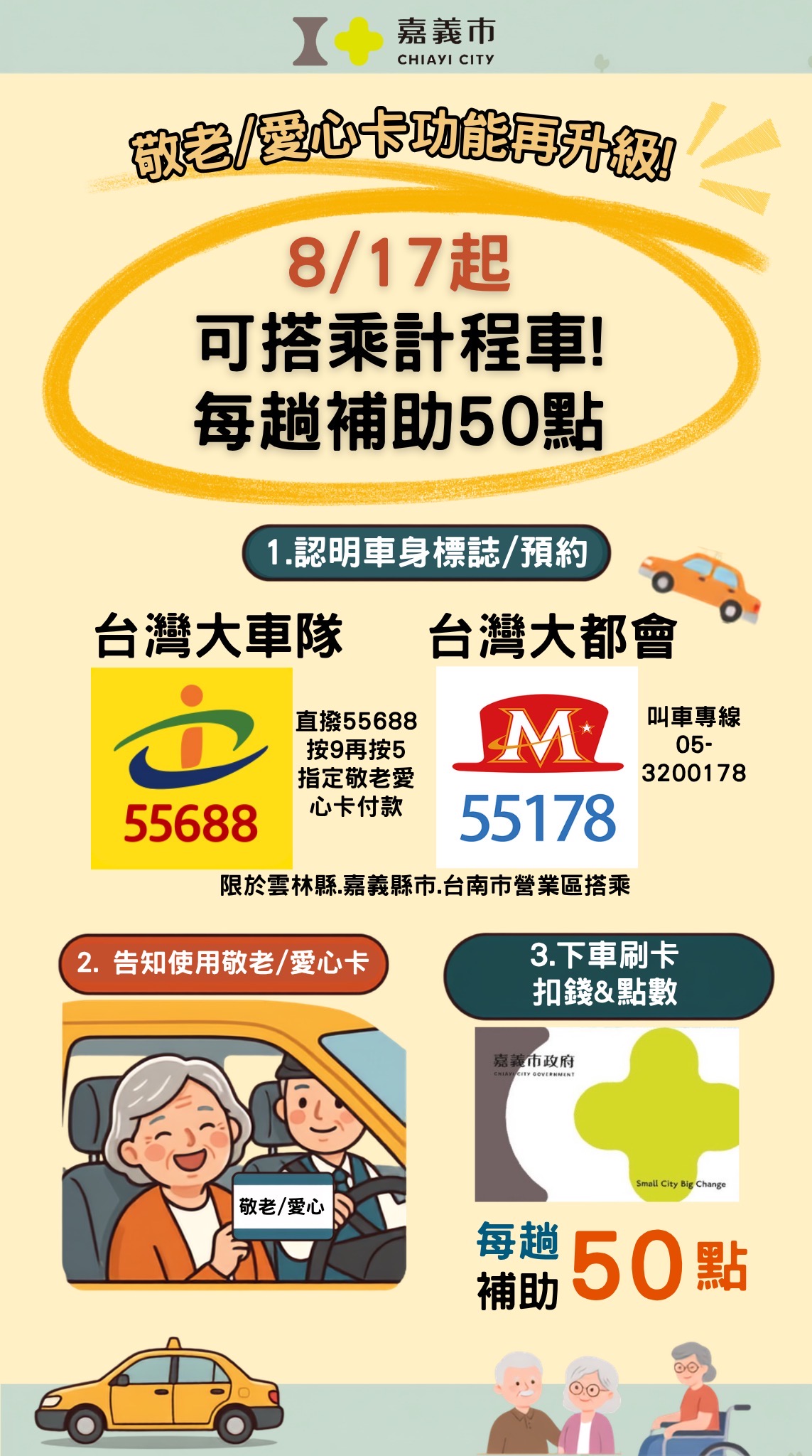 長輩搭小黃有優惠!嘉義市敬老卡8/17起每趟折50點