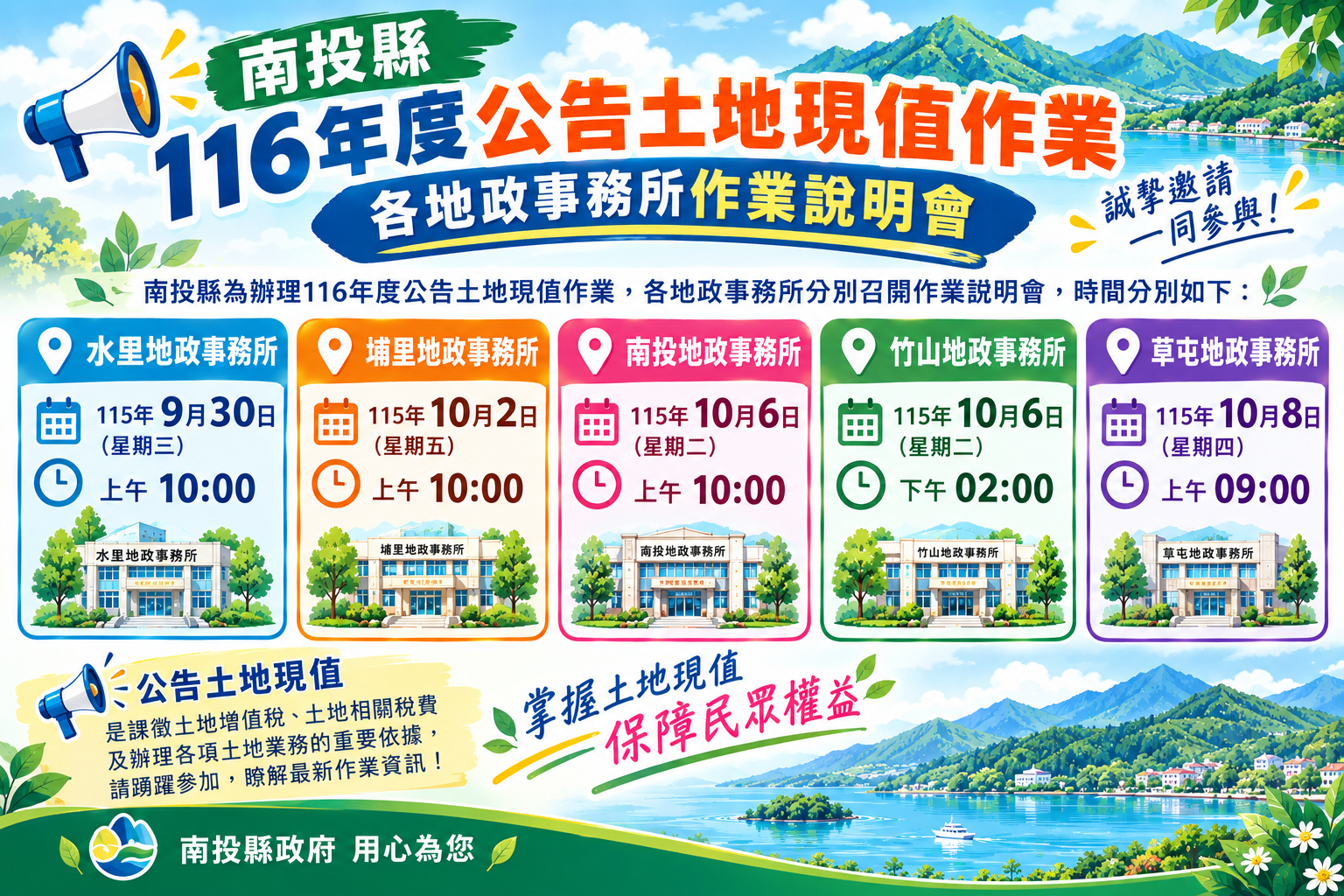 南投縣116年公告土地現值調整作業公開說明會　9月30日起於各地政事務所召開