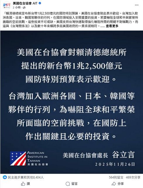 賴清德宣布投入1.25兆軍費　AIT：歡迎