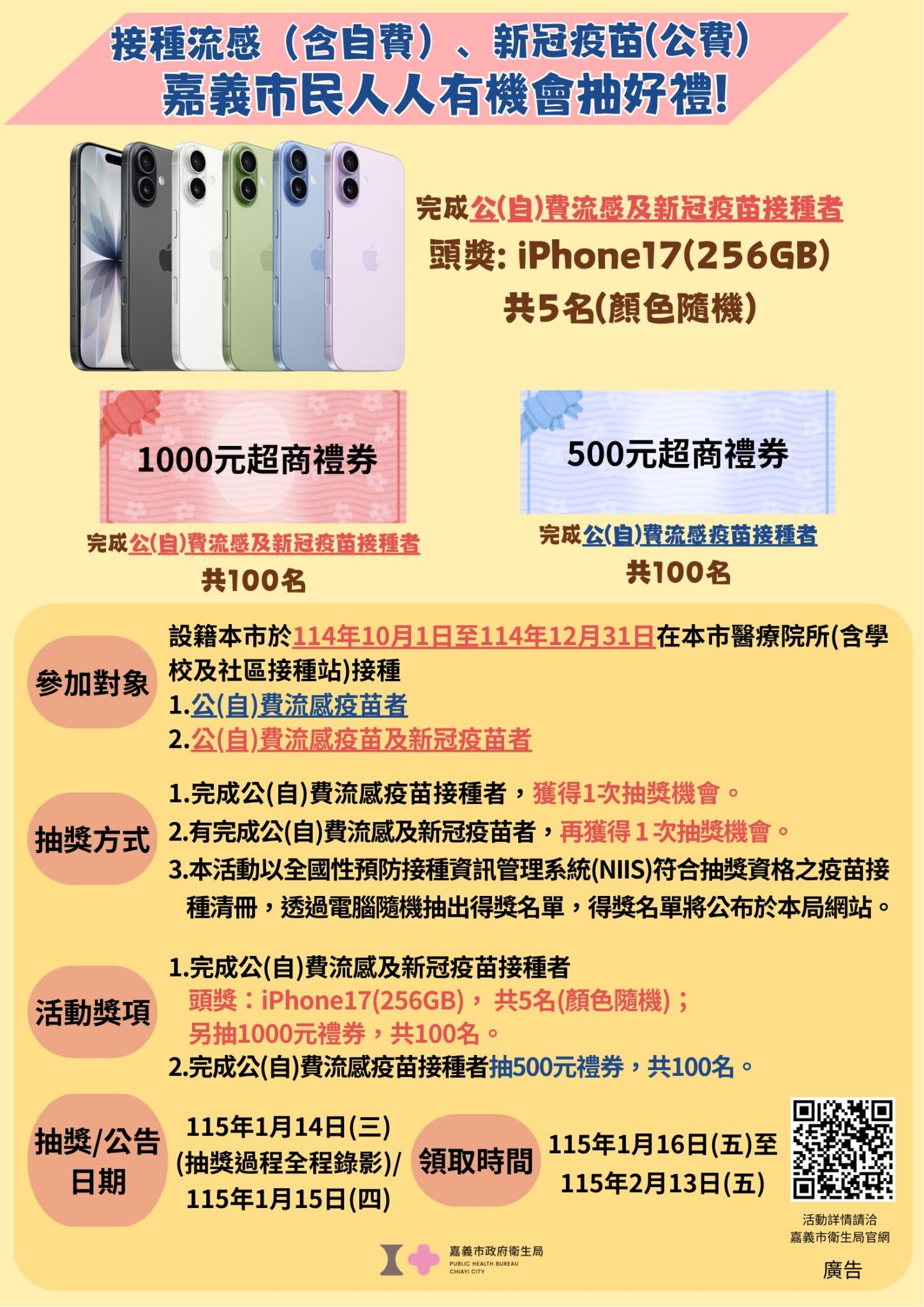 嘉義市12/6開設流感、新冠疫苗快打站　接種就送好禮