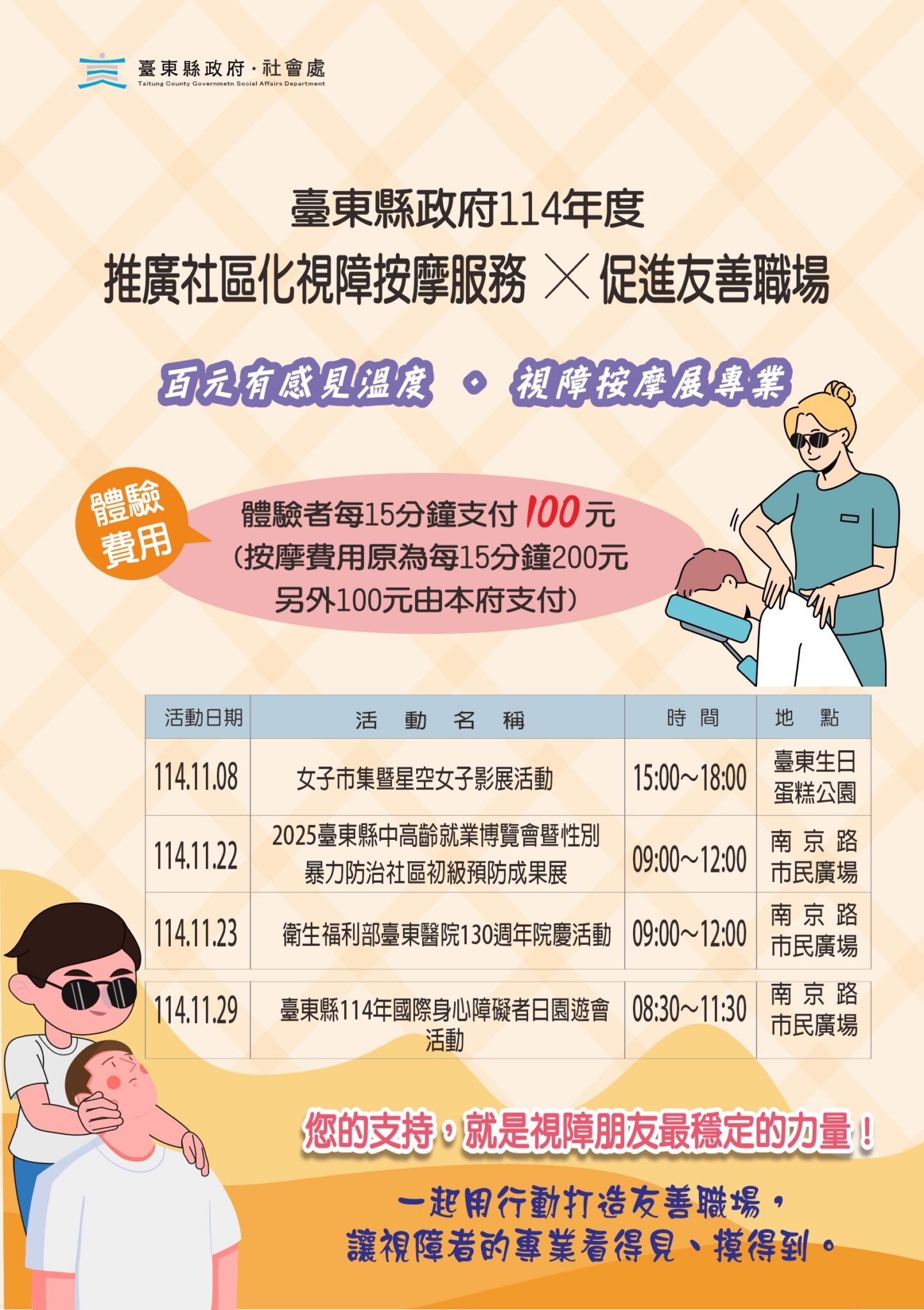 臺東縣府推視障按摩專業 11/29市民廣場百元體驗 臺東縣府推視障按摩專業 11/29市民廣場百元體驗