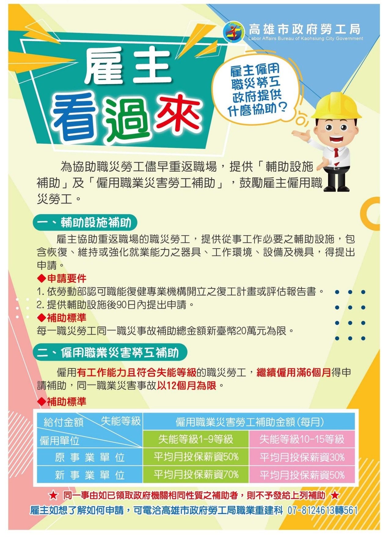 助職災勞工重返職場　勞工局鼓勵善用三助力