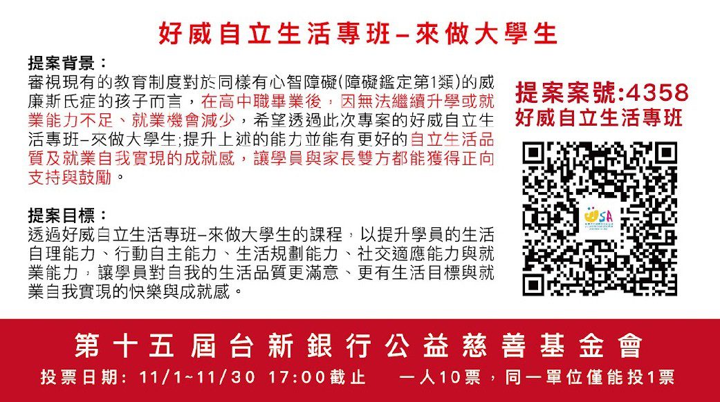 台新銀行公益慈善基金會提案投票　請支持票投威廉斯氏症協會