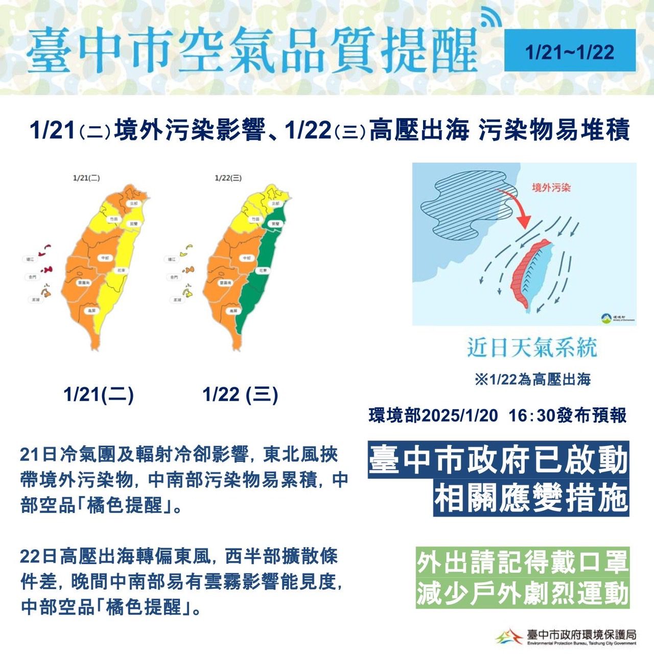 未來二日西半部空氣品質恐轉差 　中市府已啟動應變、提醒民眾做好防護