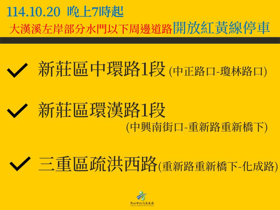 新北自今日19時起　大漢溪流域左岸及淡水河流域部分水門　周邊紅黃線開放停車